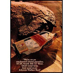 1974 Johnnie Walker Red Scotch Whiskey Vintage Print Ad Message in Bottle Beach